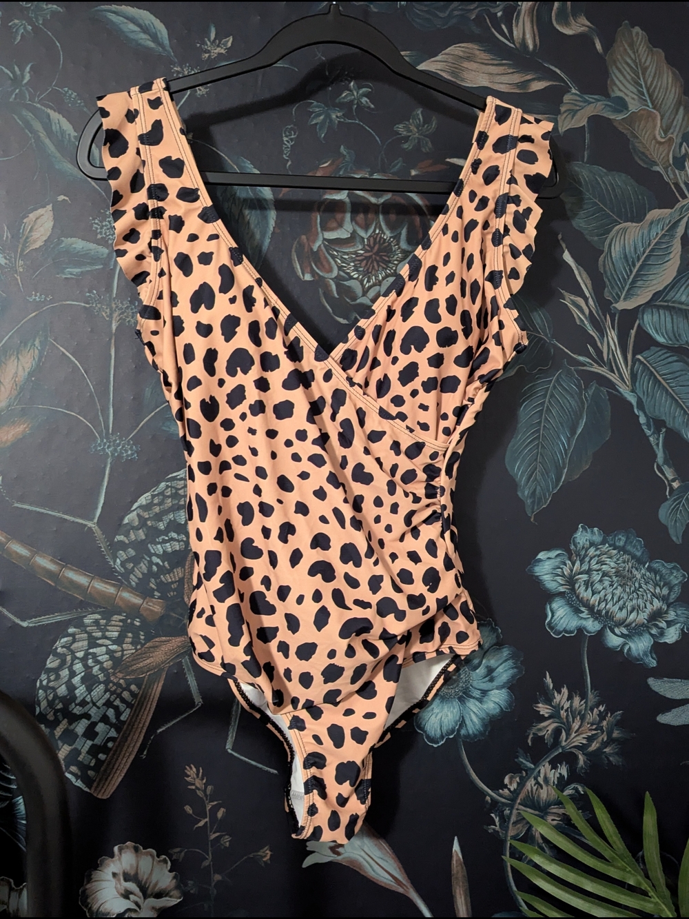 Marina West Leopard Ruffle Wrap One Piece Swimsuit Flutter Sleeve Monokini Small